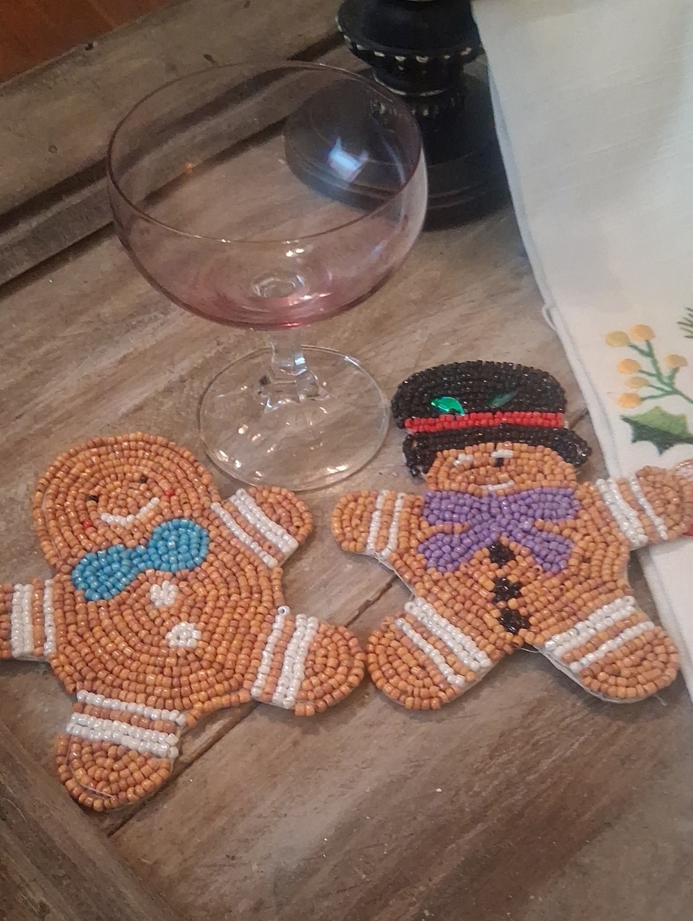 Beaded Gingerbread Coaster Pair - Orange, Purple, Blue Accents